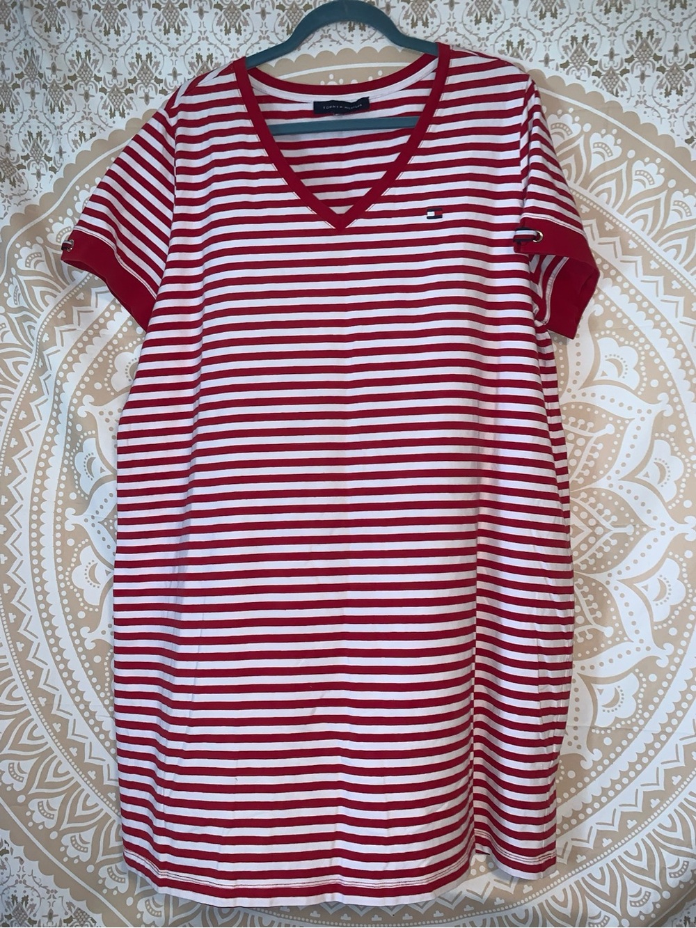 Striped V-Neck Tee Dress - Red & White